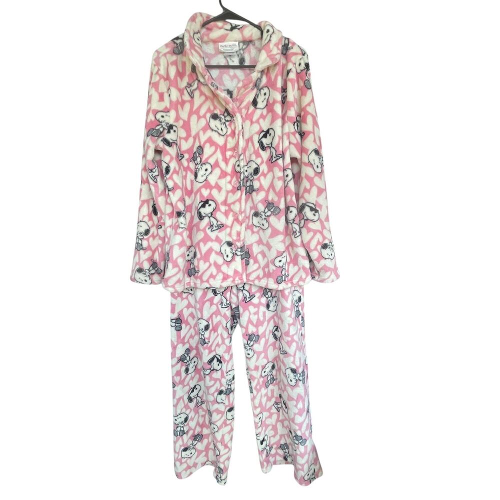 Munki Munki Peanuts Pajama Set Womens XL Snoopy Hearts Fleece Sleepwear Cute